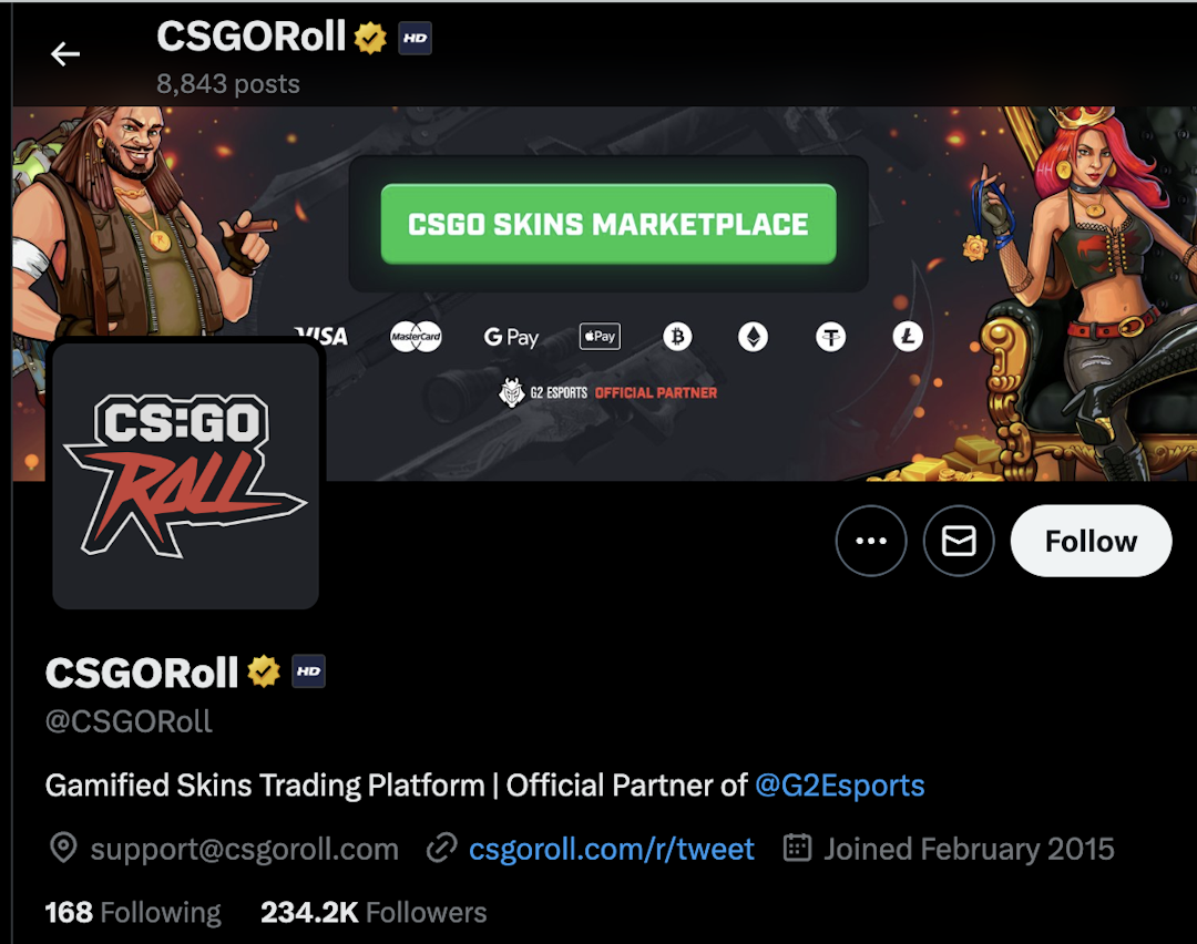 CSGORoll Twitter Description claims the site is a Gamified Skins Trading Platform.