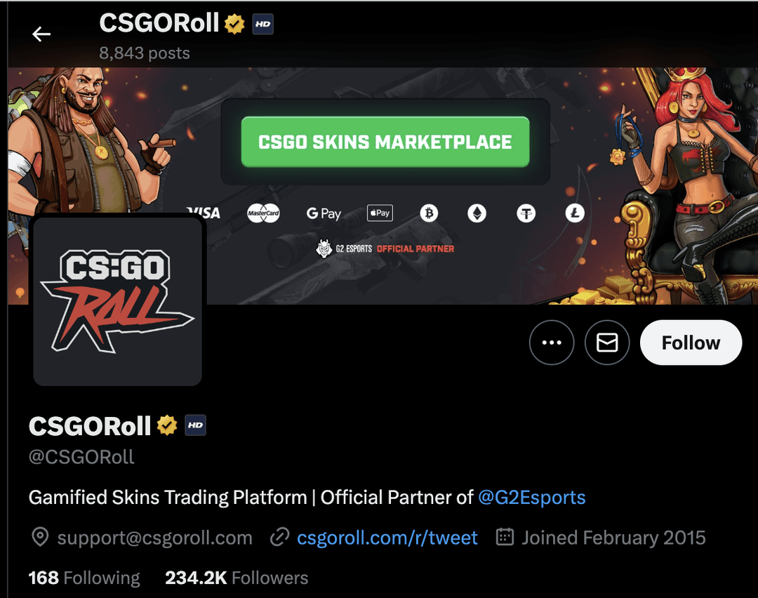 CSGORoll Twitter Description claims the site is a Gamified Skins Trading Platform.