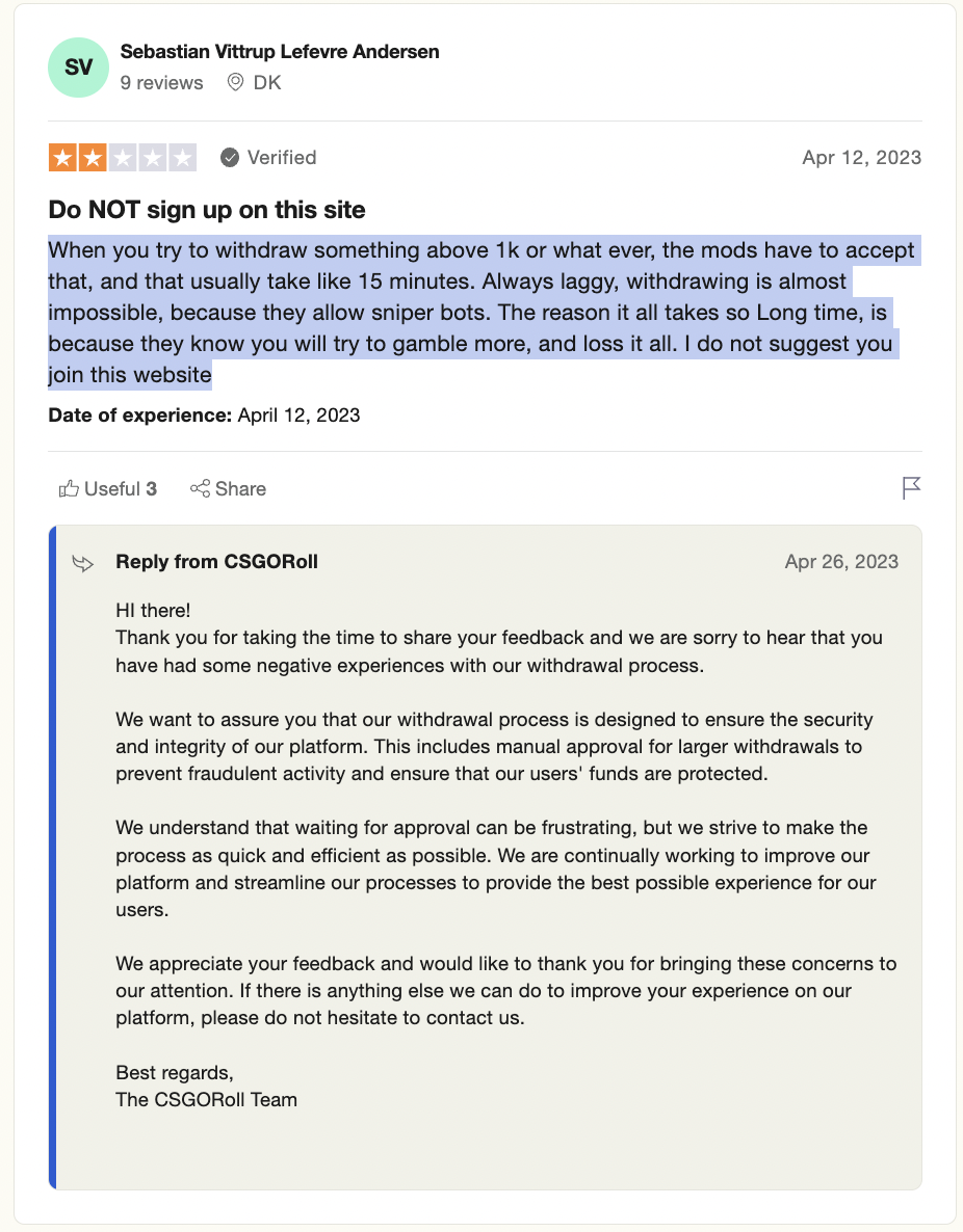 CSGORoll responds to a review on Trustpilot regarding the withdrawal lock.