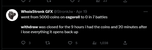CSGORoll user on Twitter complains about the long withdrawal locks